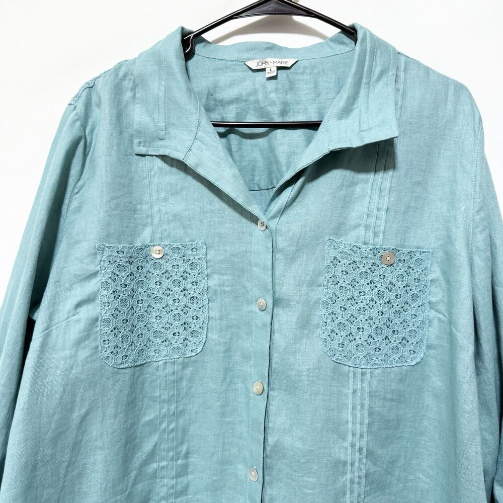 John Mark Green Linen Button Front Tunic Top L Cr… - image 2